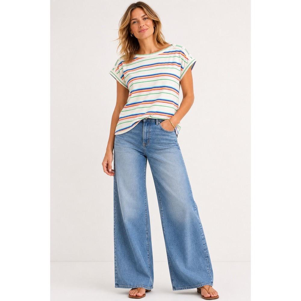 Talbots Womens Rainbow Striped Boatneck Top Size XL Petite Short Sleeve Casual
